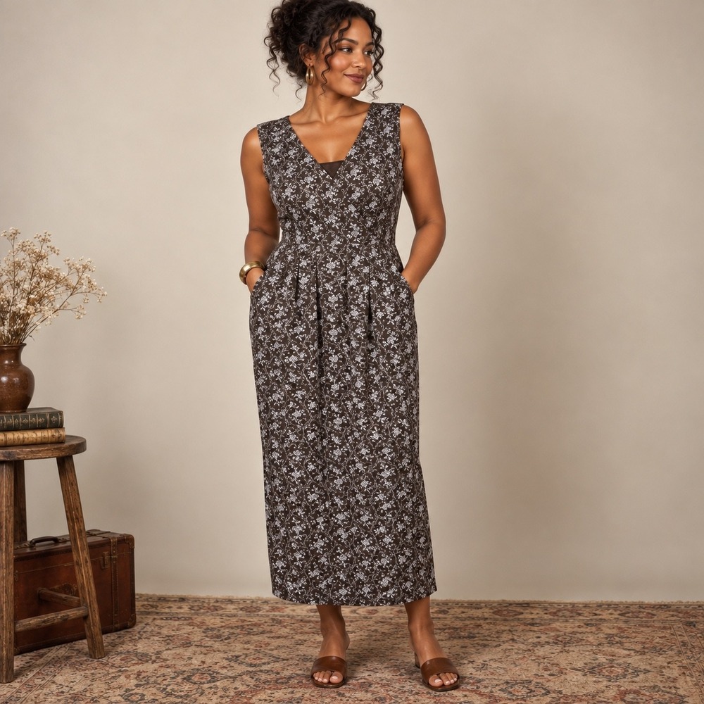 April Cornell Brown Floral Faux Wrap Sleeveless Maxi Dress L Pockets Prairie
